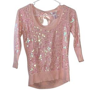 Candies XS Peach Sequin Top W/ Satin Bow Back 3/4 Sleeves & Scoop Neckline
